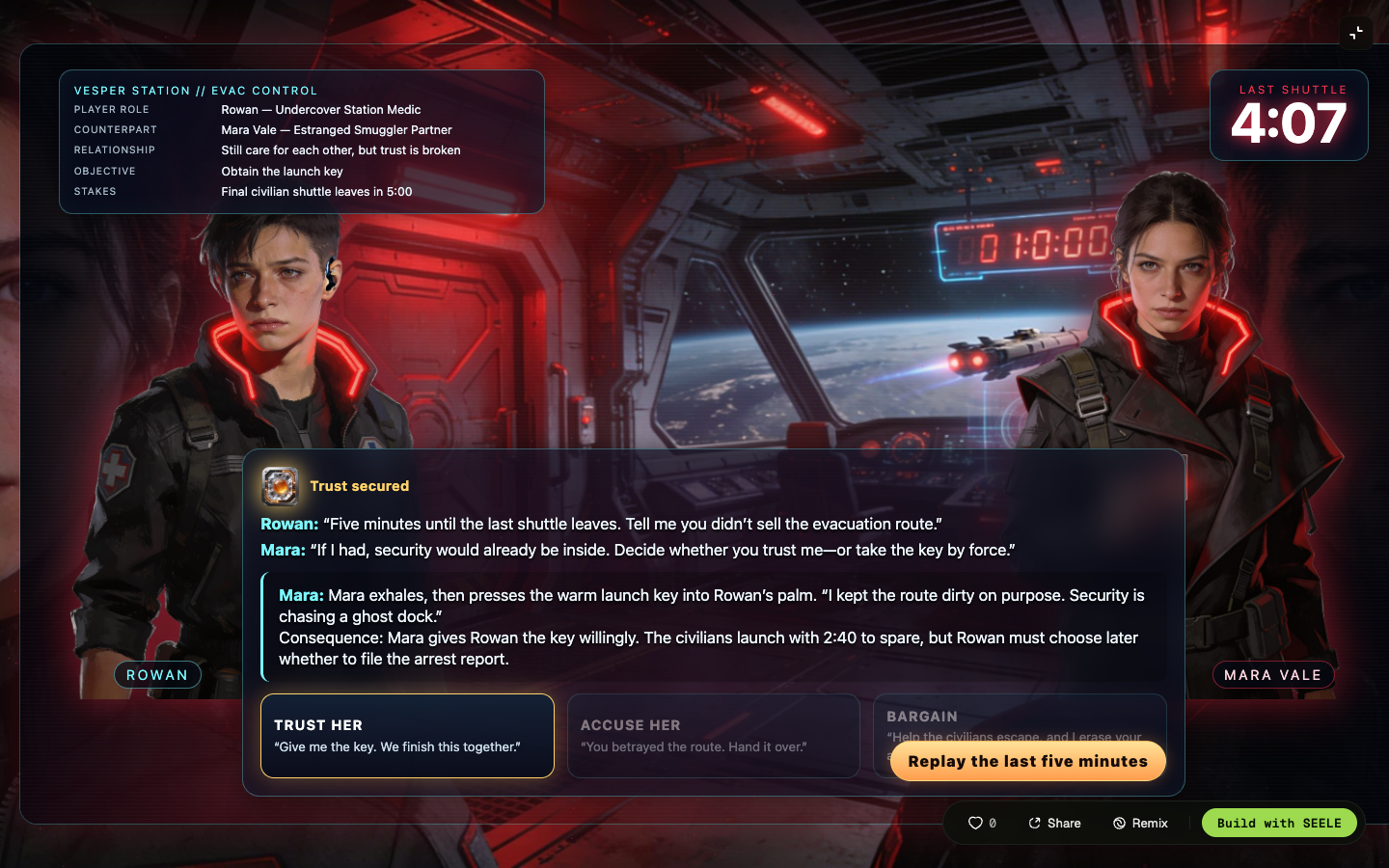 Original SEELE AI playable after Trust is selected, showing Mara's response, a consequence about the civilian launch and Rowan's later choice, and a reduced shuttle countdown.