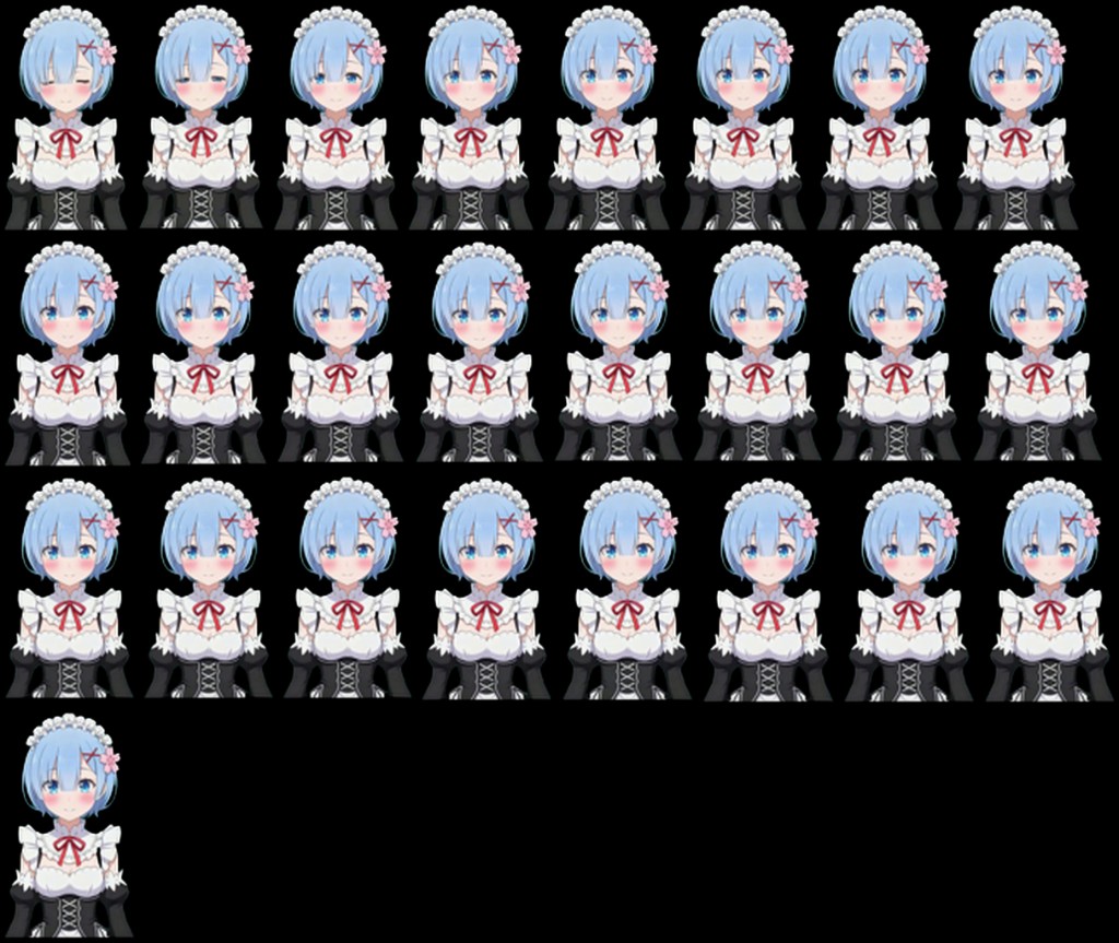 Living sprite animation — a heroine expression sprite sheet with many animation frames