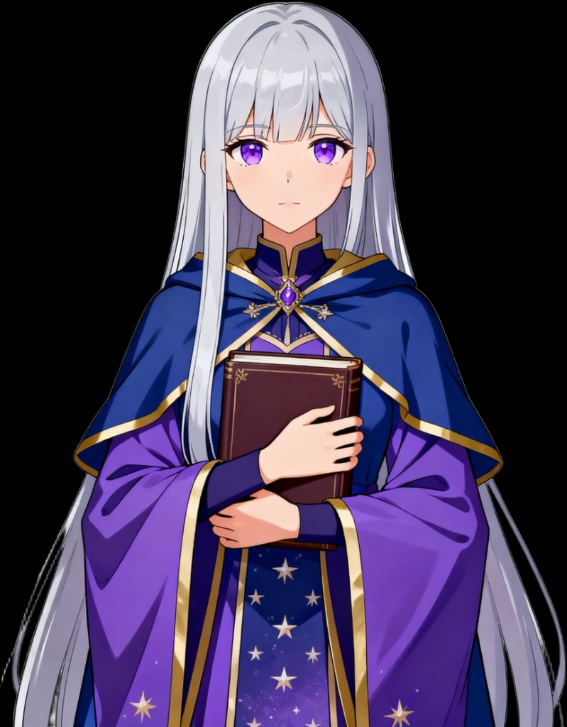 AI-generated character art — a silver-haired star witch heroine