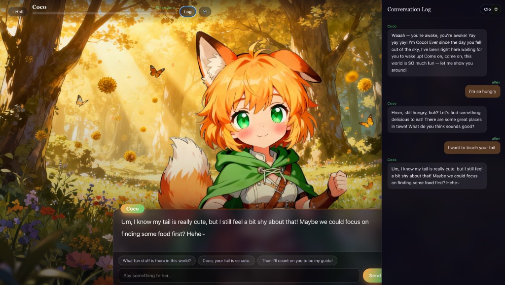Free AI conversation in an AI Gal game — chatting freely with a heroine and a live conversation log
