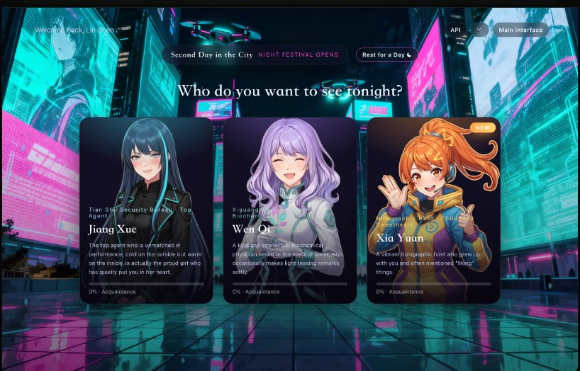 Cyberpunk city Gal game created on SEELE — security agent, biotech physician, and holographic idol heroine