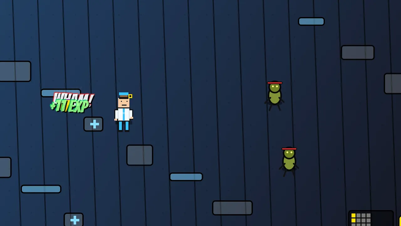 2D abandoned hospital action gameplay with a medic and enemies