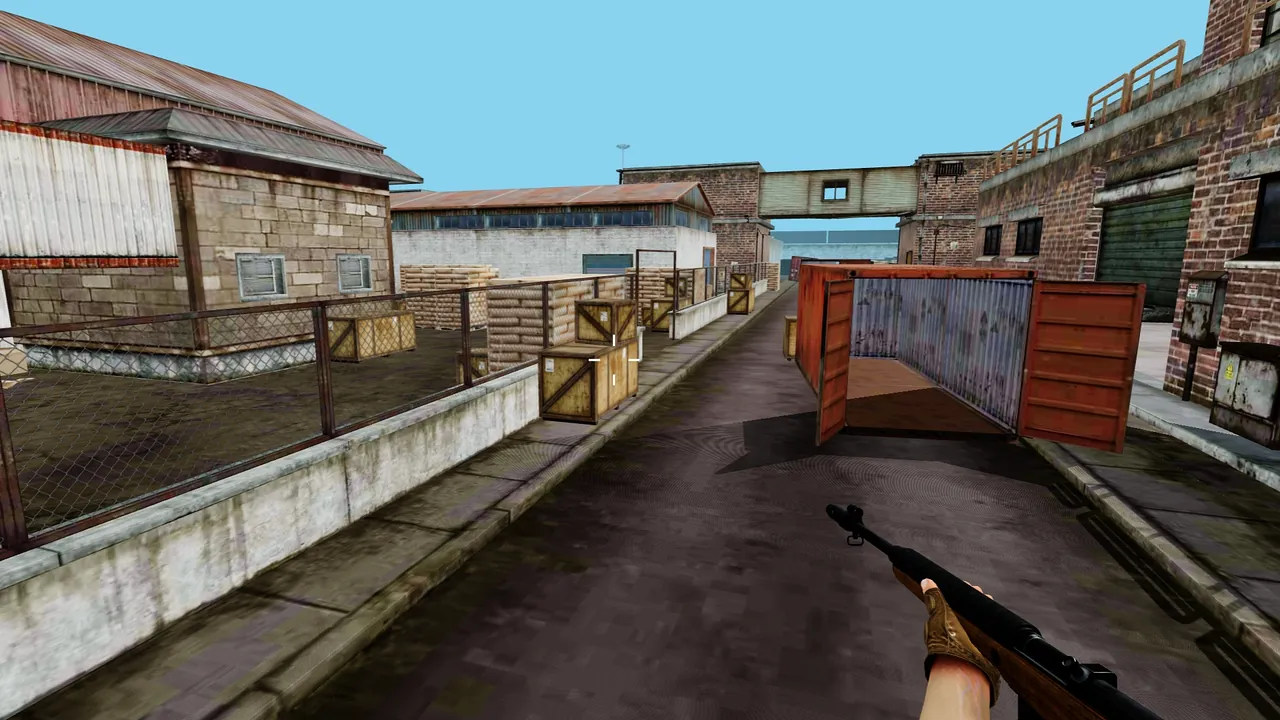 Industrial-area FPS gameplay with a rifle in a warehouse lane
