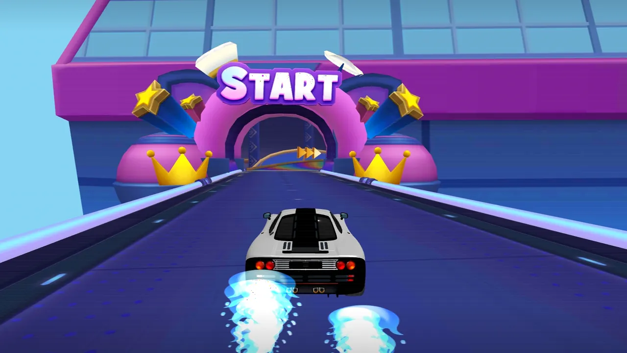 Neon racing gameplay with a sports car on a glowing track