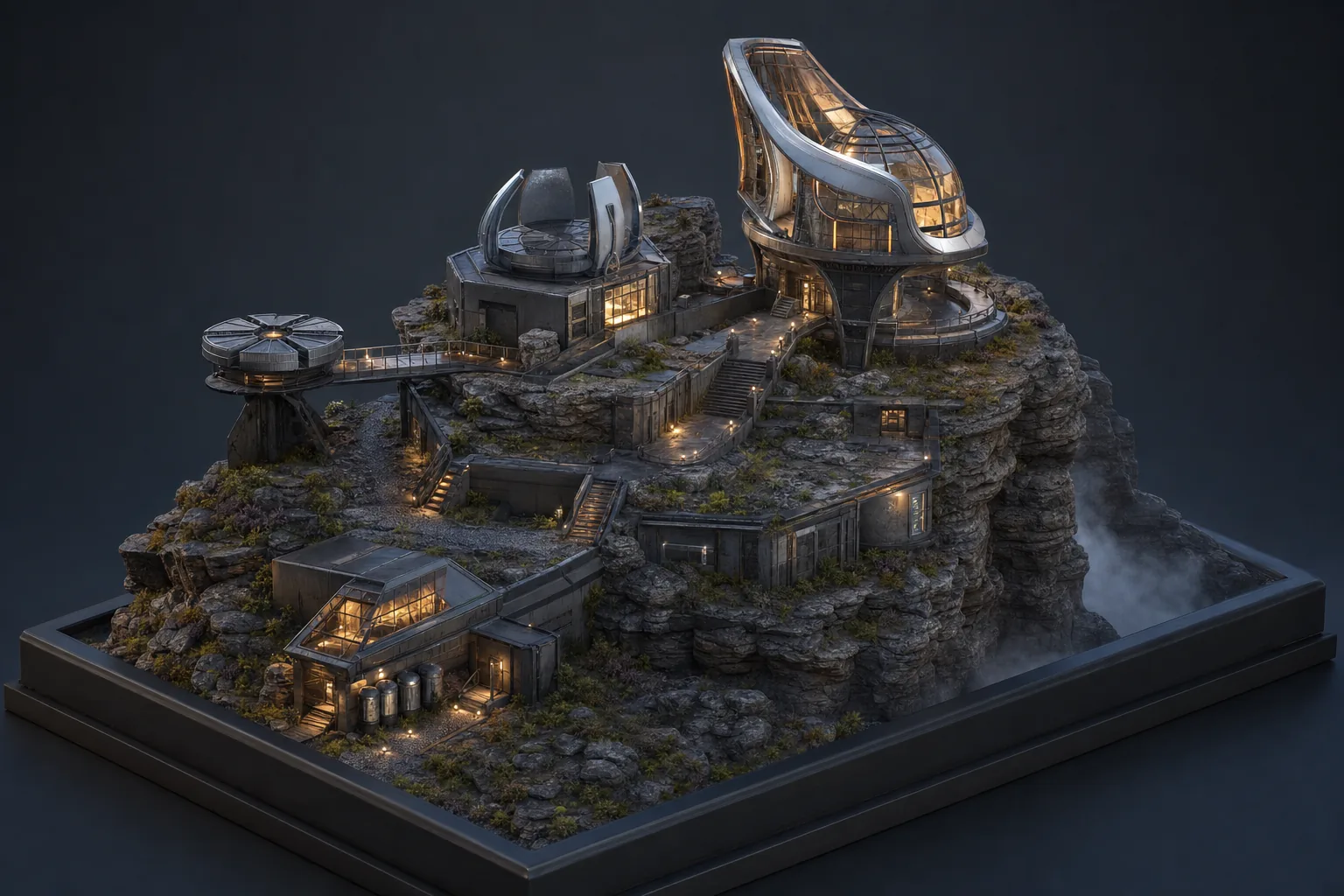 AI-generated 3D-style concept render of a scientific cliff research outpost diorama