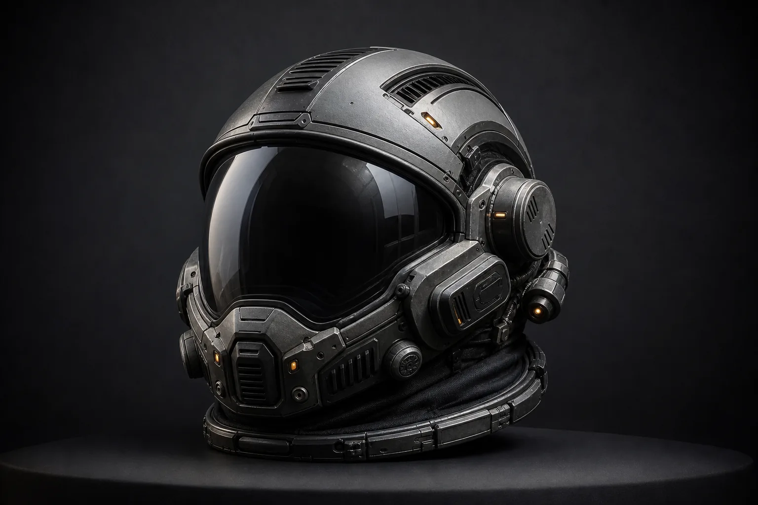 AI-generated 3D-style concept render of an original deep-space expedition helmet