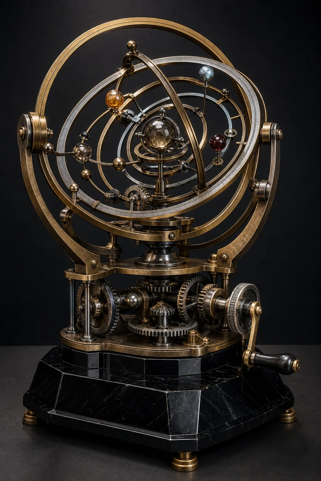 AI-generated 3D-style concept render of an original kinetic astronomical orrery
