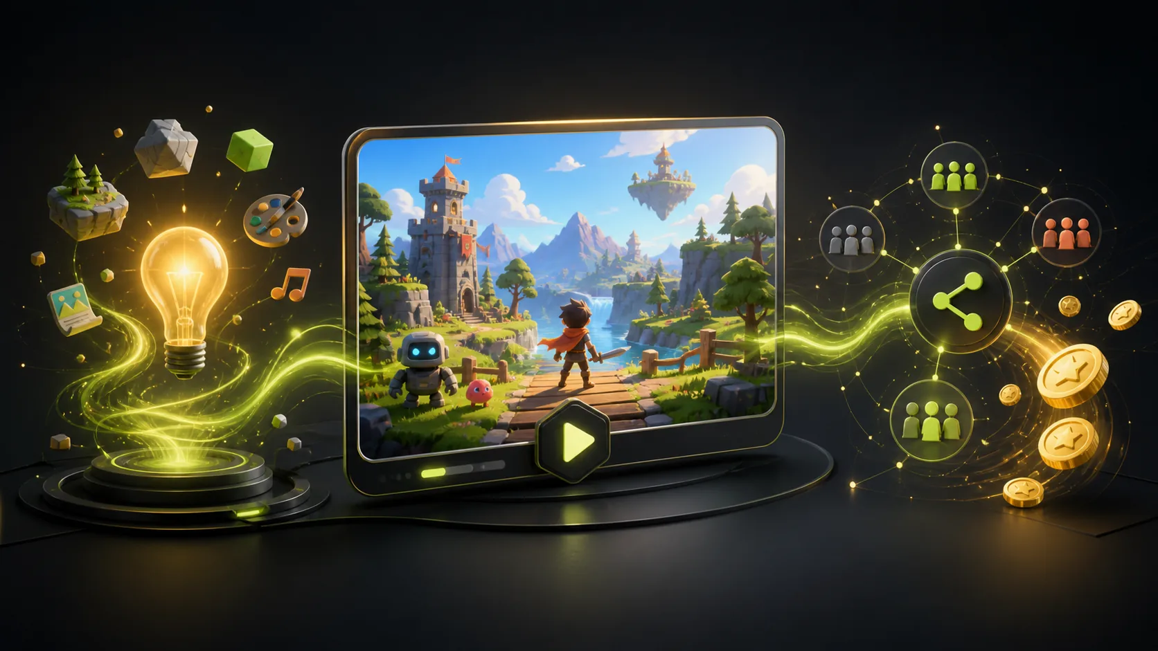 A game idea becoming a playable world and reaching an audience