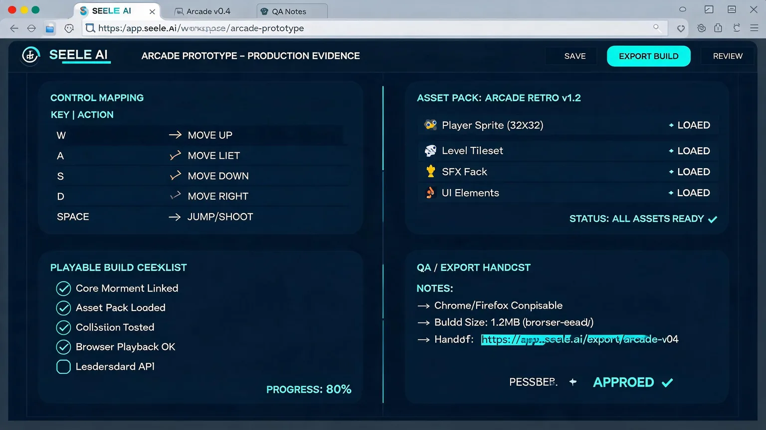 Generated evidence image for Browser Arcade Prototype Maker showing proof screens, asset package, and playable review notes.