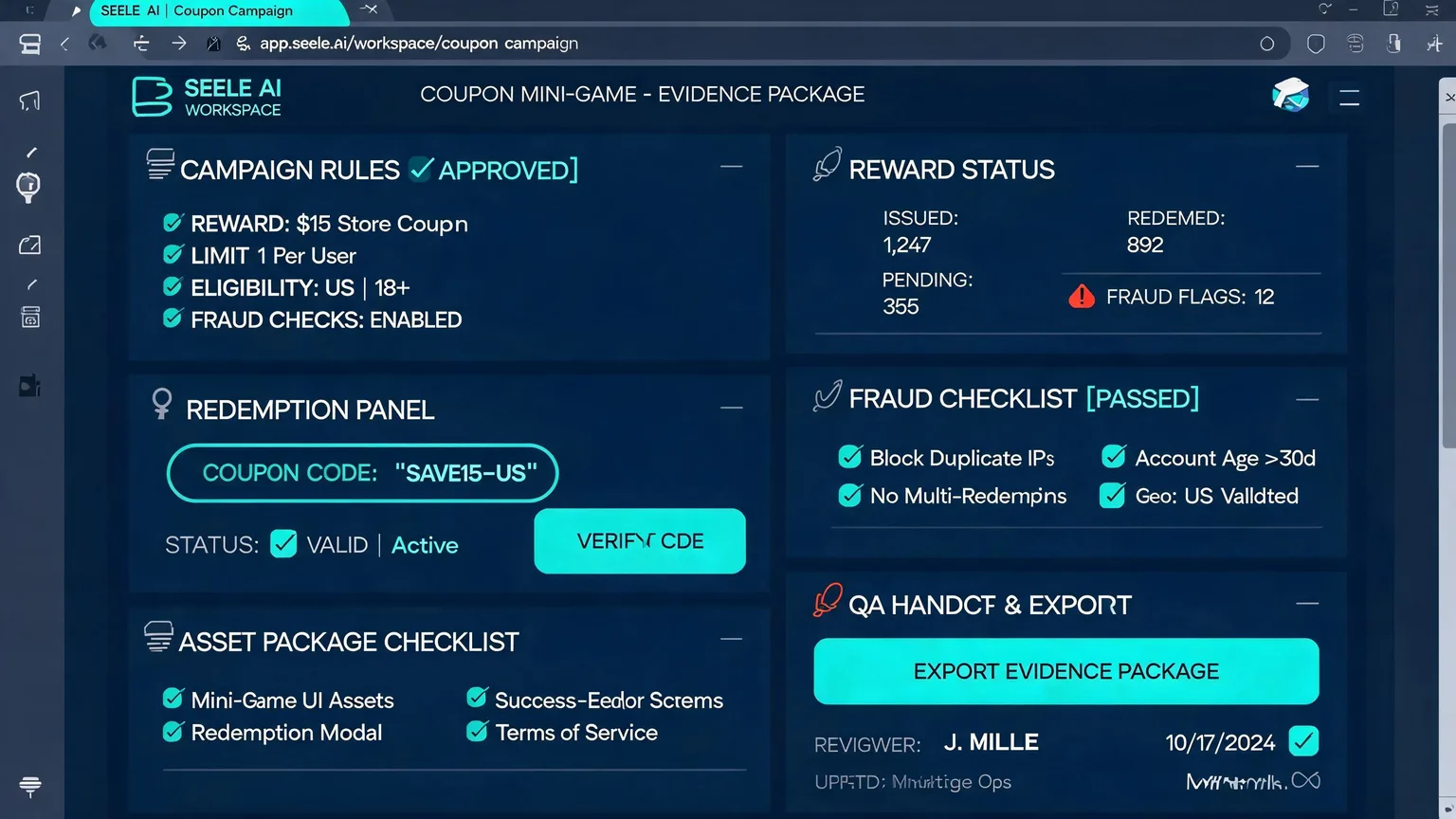 Generated evidence image for Coupon Reward Mini Game Maker showing proof screens, asset package, and playable review notes.