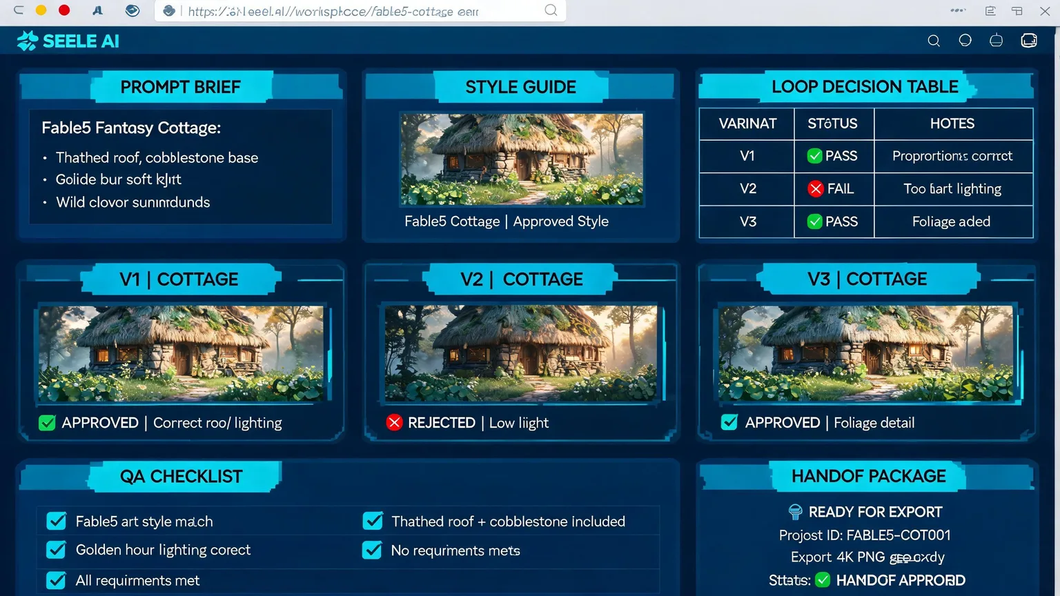 Generated evidence image for Fable5-Style Game Maker showing proof screens, asset package, and playable review notes.