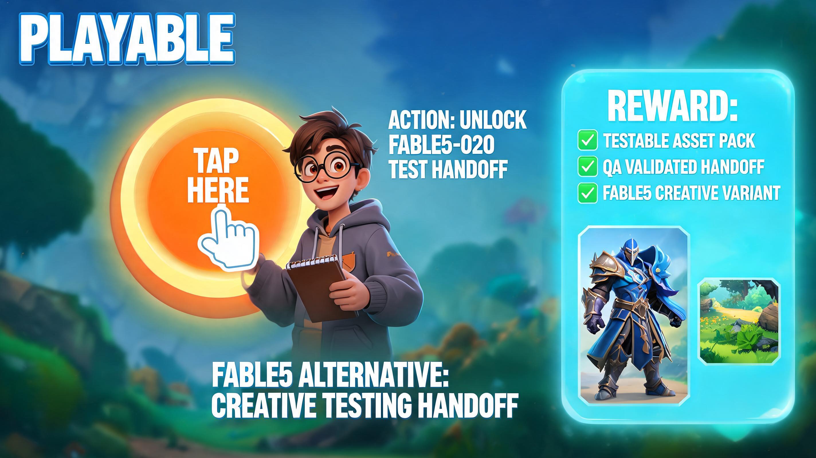 Fable5 Alternative hero plan fable5-020: upgrade-reveal challenge loop for founder-led studios with visible first action and browser-playable outcome.
