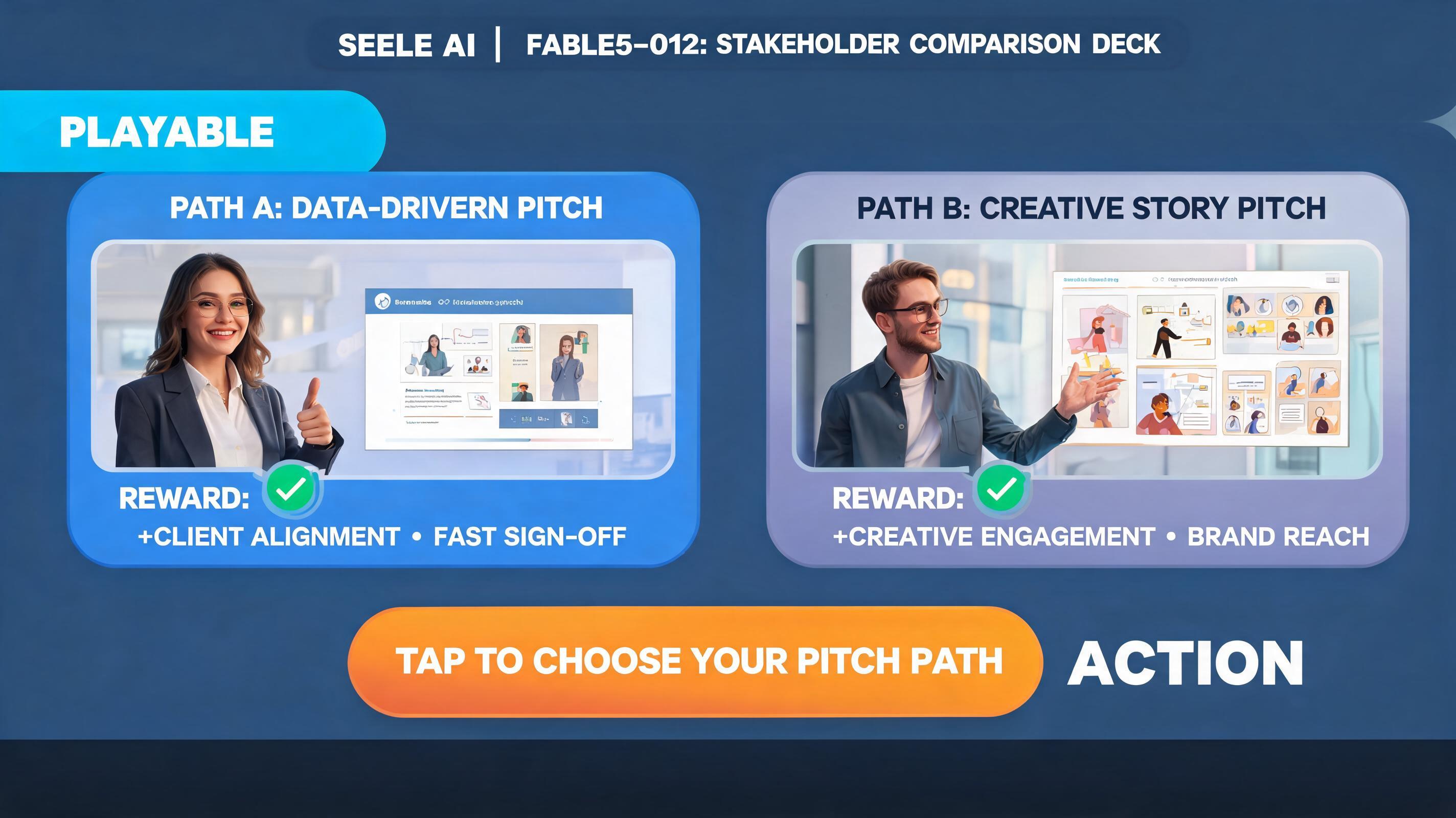 Fable5 Alternative hero plan fable5-012: branching reward-choice scene for agency pitch teams with visible first action and browser-playable outcome.