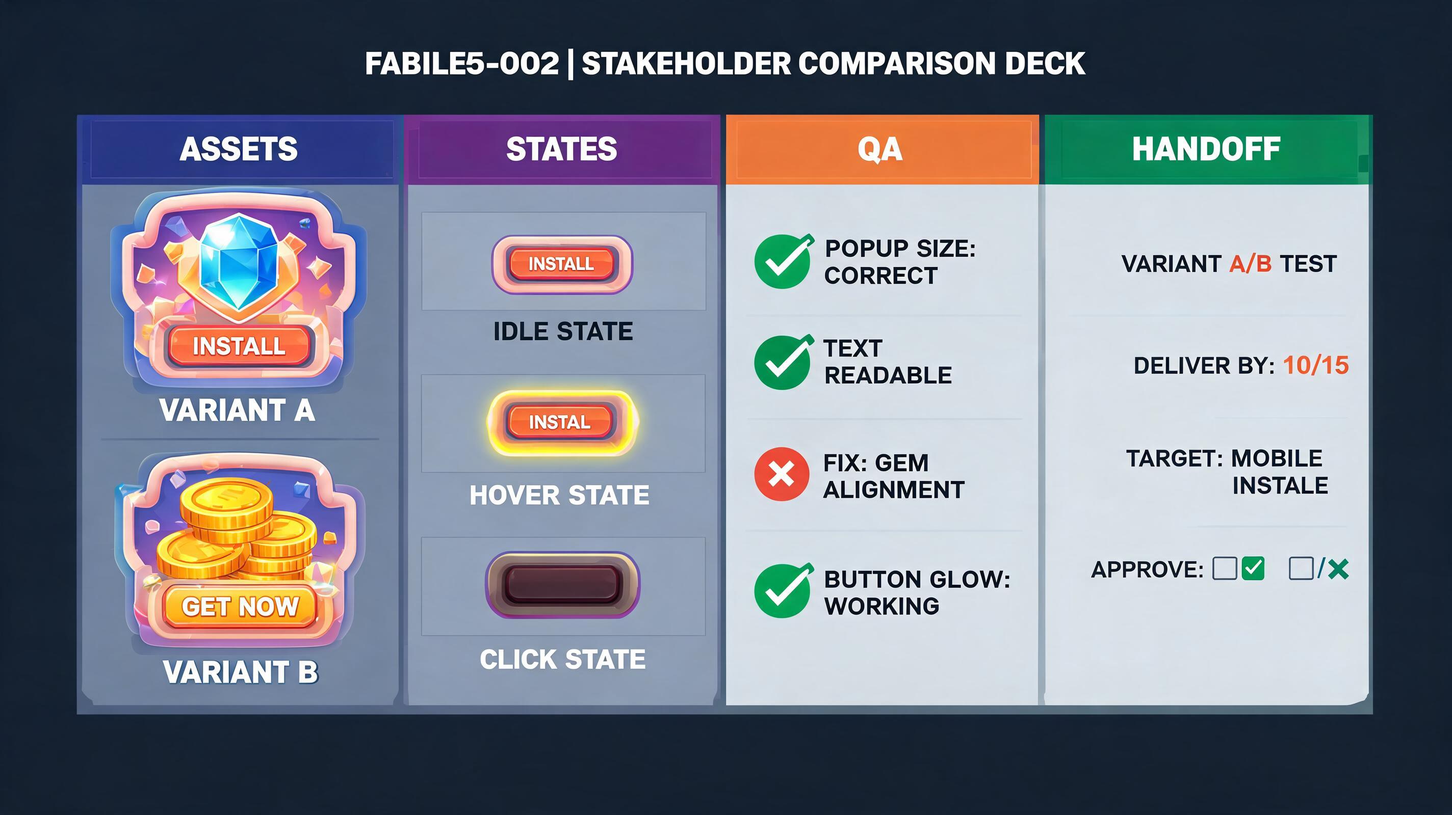 Fable5 Alternative evidence plan fable5-002: asset manifest, QA notes, state labels, and handoff criteria for install campaign review.