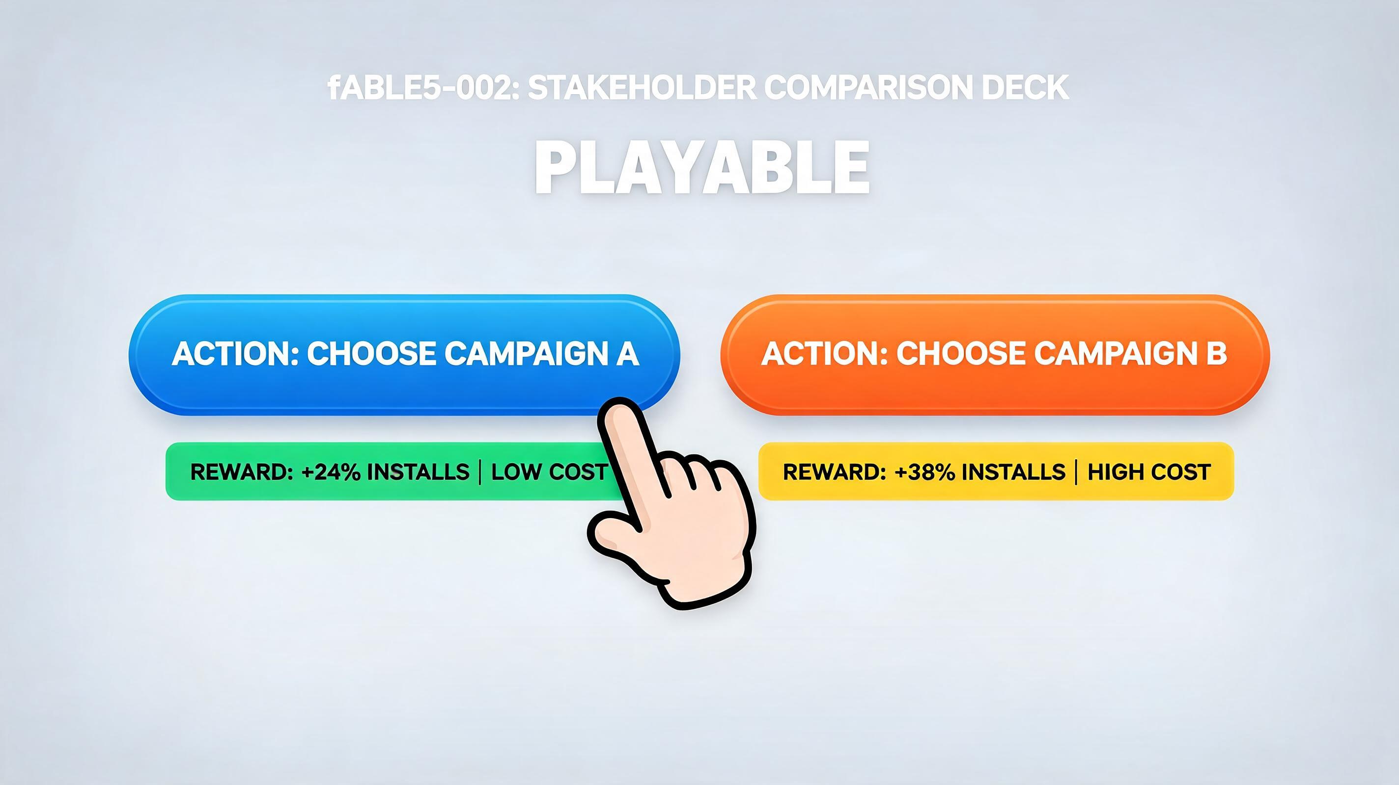 Fable5 Alternative hero plan fable5-002: branching reward-choice scene for mobile growth teams with visible first action and browser-playable outcome.