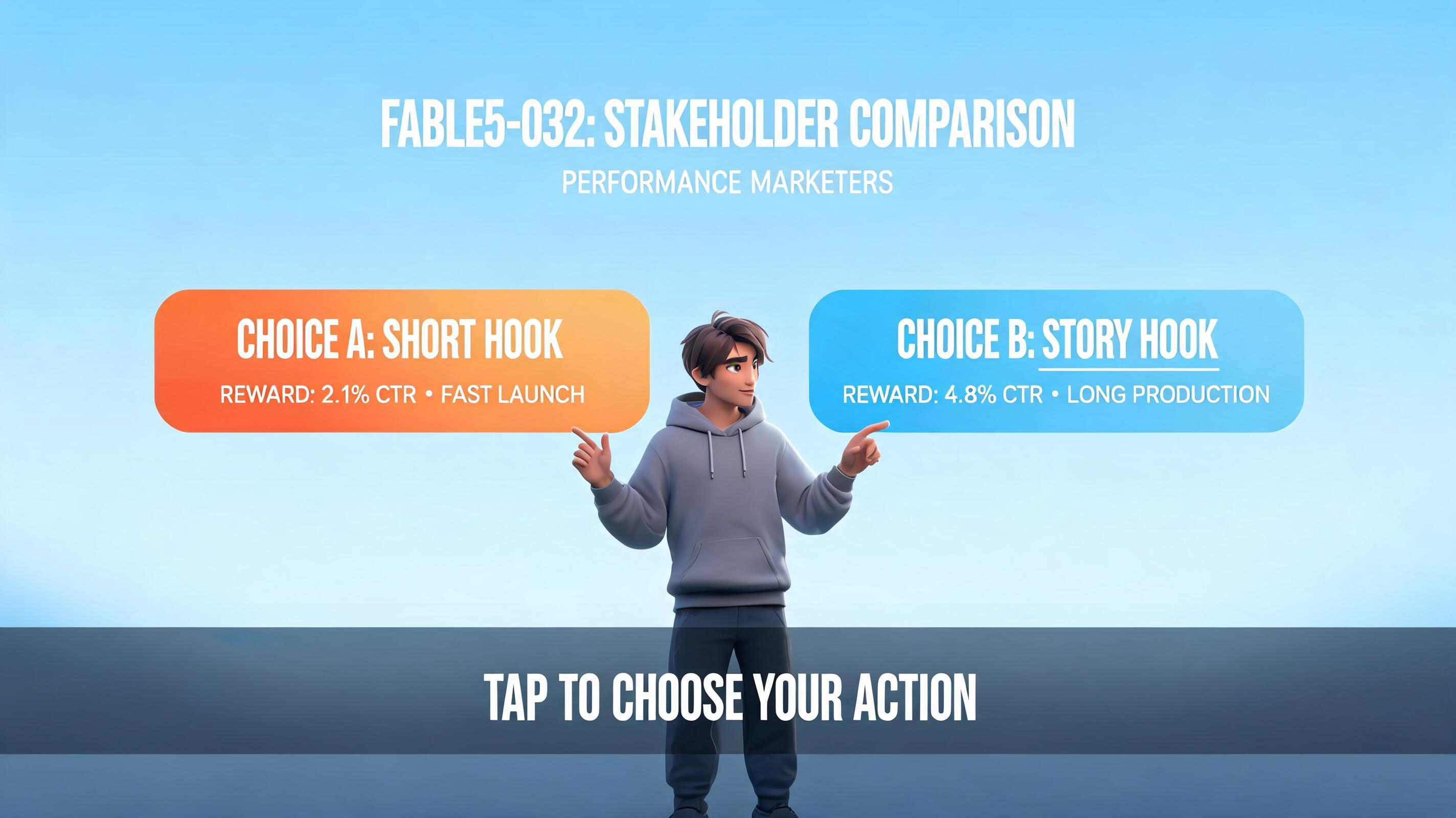 Fable5 Alternative hero plan fable5-032: branching reward-choice scene for performance marketers with visible first action and browser-playable outcome.