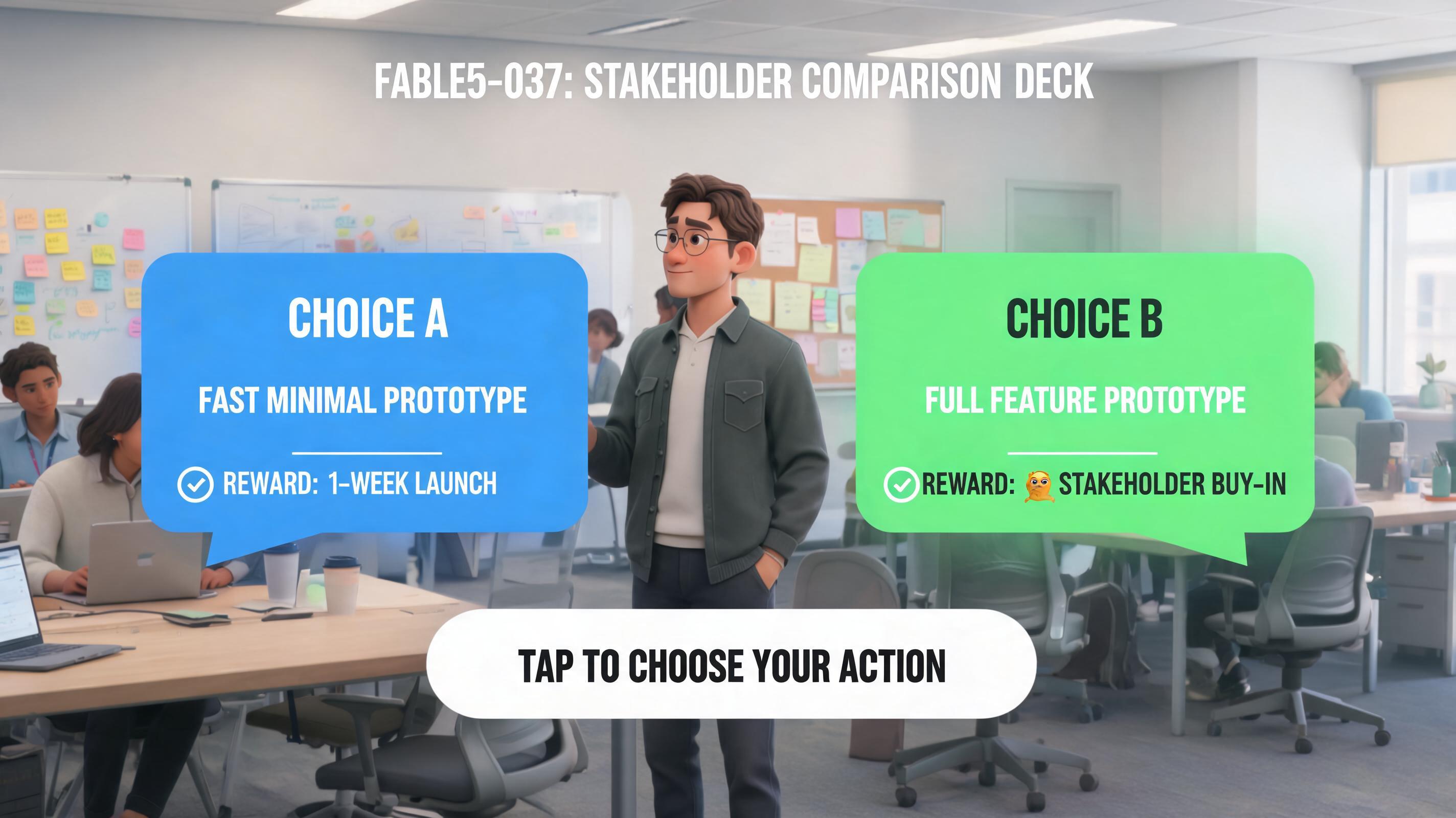 Fable5 Alternative hero plan fable5-037: branching reward-choice scene for prototype squads with visible first action and browser-playable outcome.