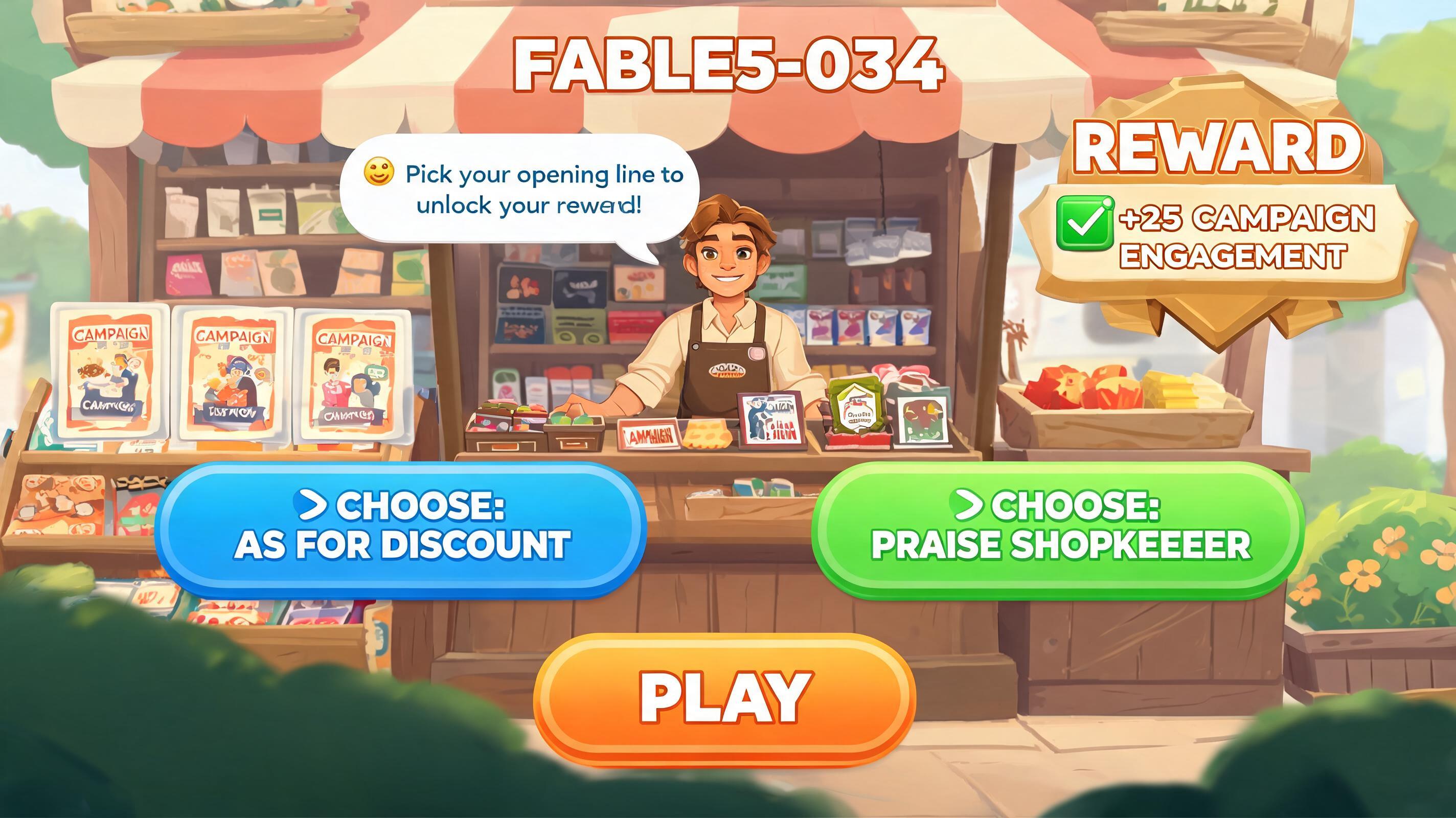 Fable5 Alternative hero plan fable5-034: dialogue-to-reward micro quest for performance marketers with visible first action and browser-playable outcome.
