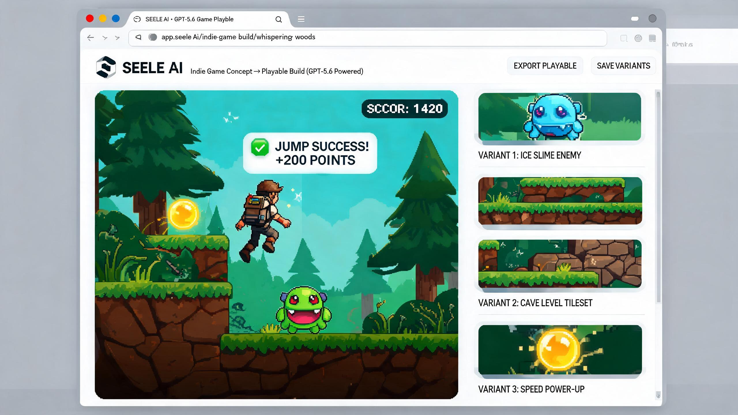 Generated playable preview for gpt56-browser-game-concept-indie-creators: desktop browser arcade mini game with score UI and shareable result evidence.