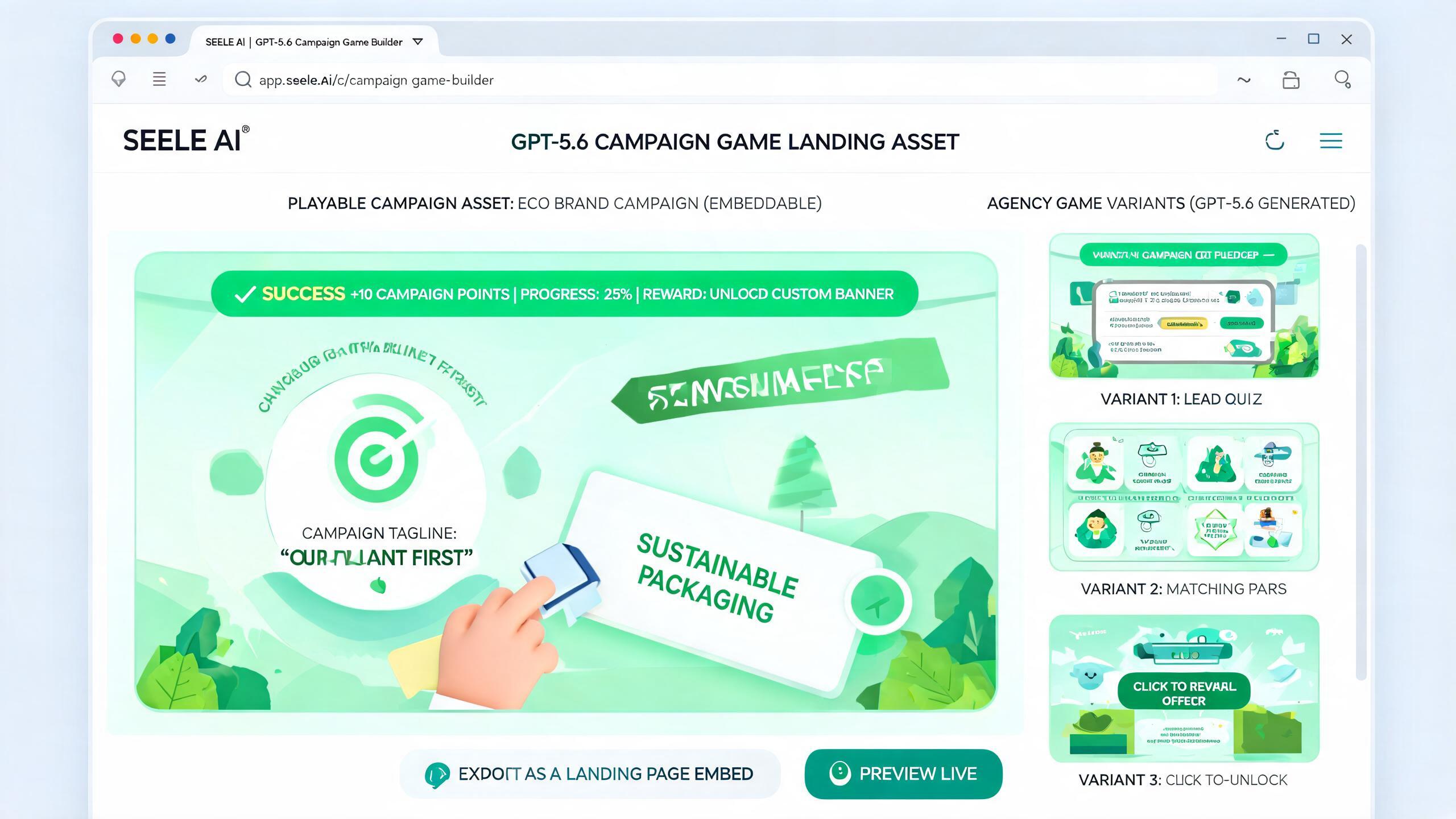 Generated playable preview for gpt56-campaign-game-landing-asset-creative-agencies: brand campaign mini game with reward/coupon screen and launch-page package evidence.