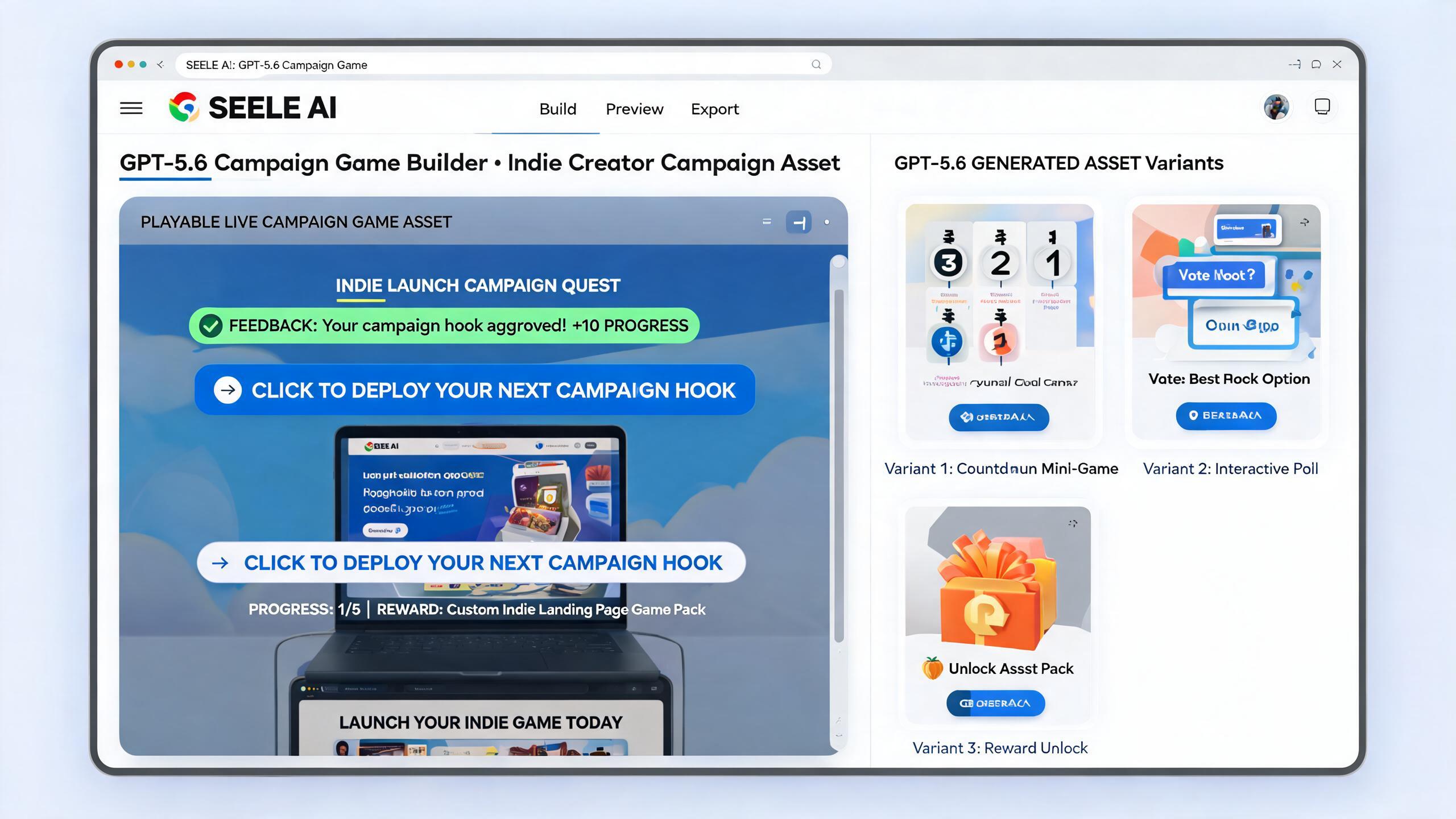 Generated playable preview for gpt56-campaign-game-landing-asset-indie-creators: brand campaign mini game with reward/coupon screen and launch-page package evidence.