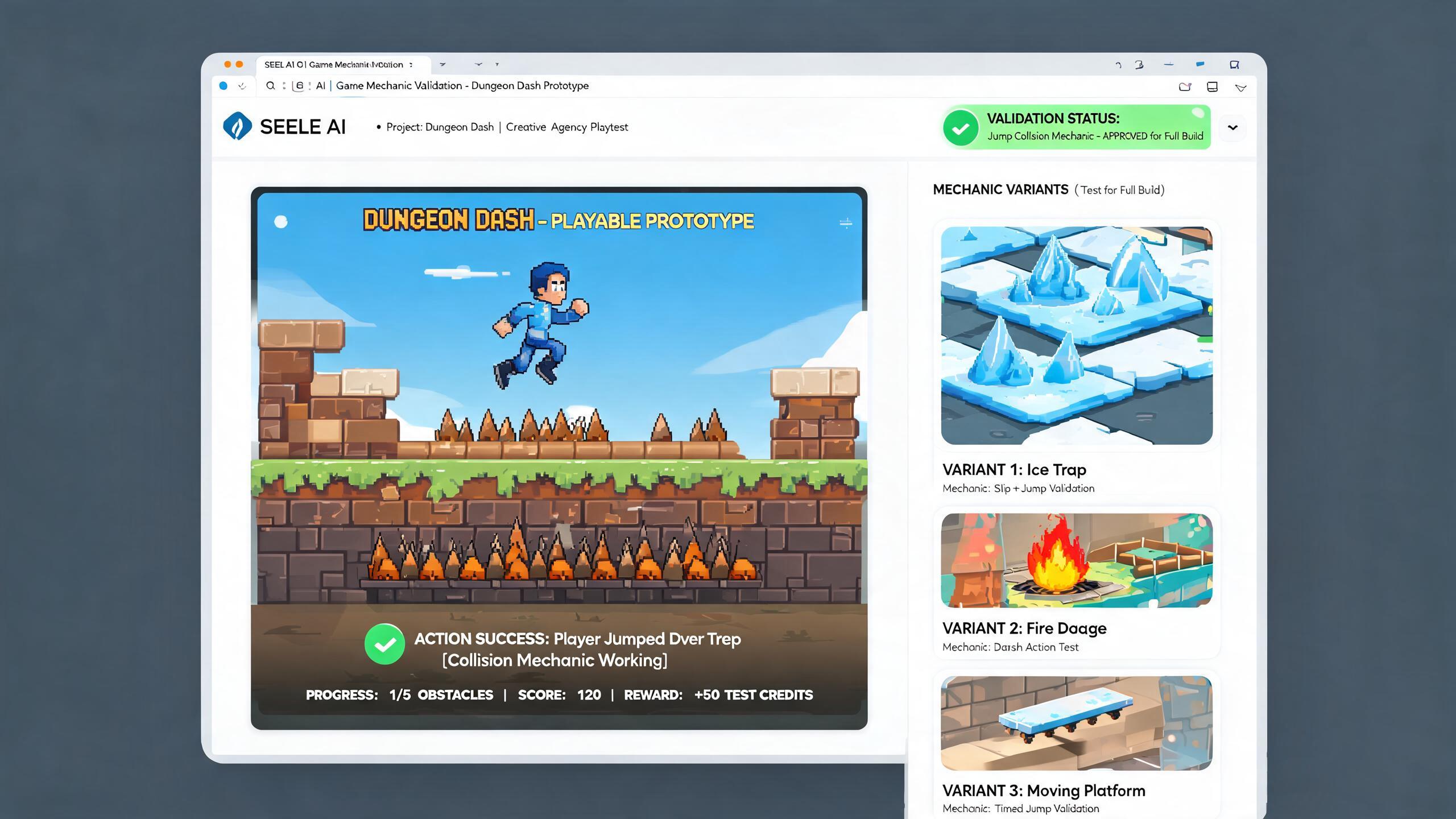 Generated playable preview for gpt56-game-mechanic-validation-creative-agencies: browser prototype validation scene showing controls, obstacles, success state, and QA proof.