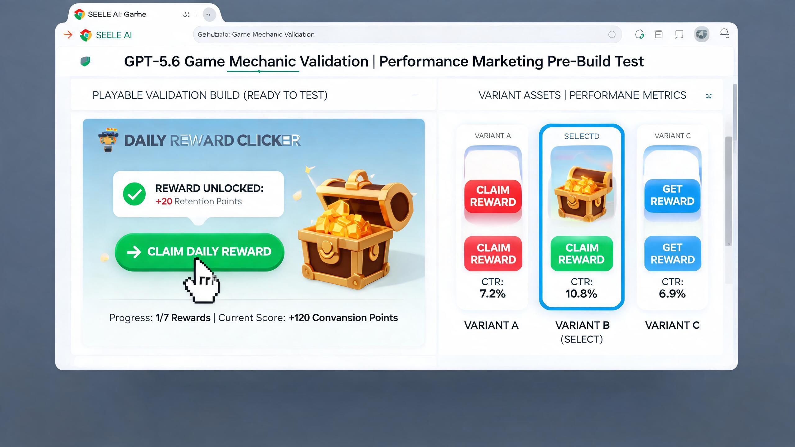 Generated playable preview for gpt56-game-mechanic-validation-performance-marketers: browser prototype validation scene showing controls, obstacles, success state, and QA proof.