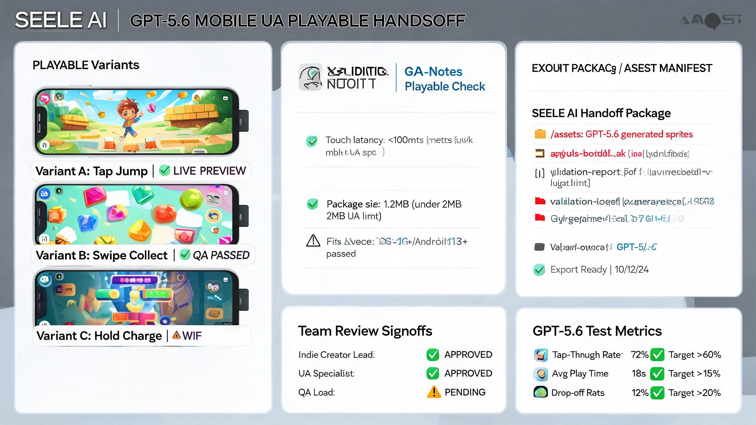 Generated evidence preview for gpt56-mobile-ua-playable-concept-indie-creators: UA concept variant sheet and review handoff for indie creators.