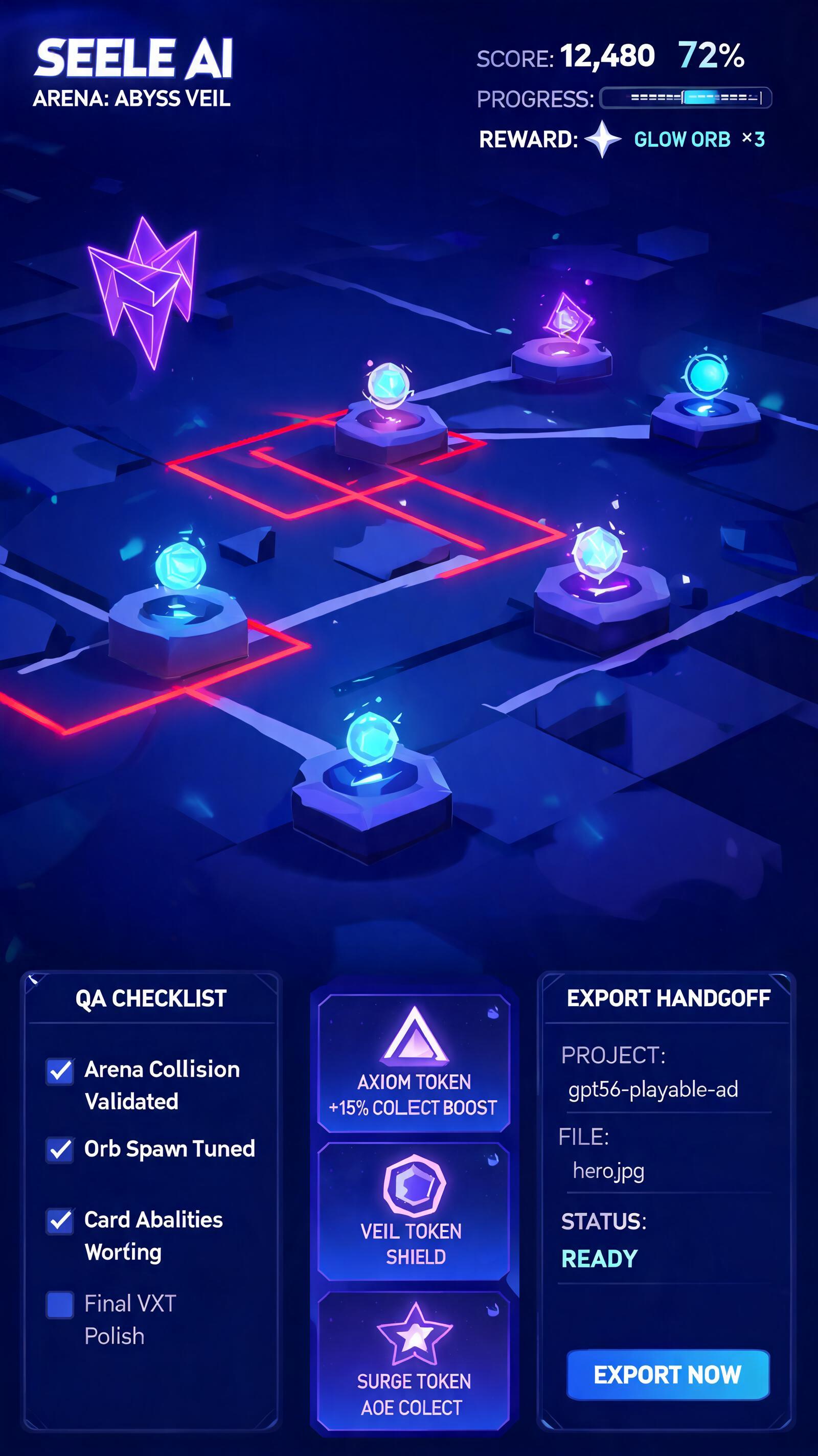 Generated playable preview for gpt56-playable-ad-prototype-mobile-game-studios: mobile playable ad scene with a visible first action, reward feedback, and install/end-card evidence.