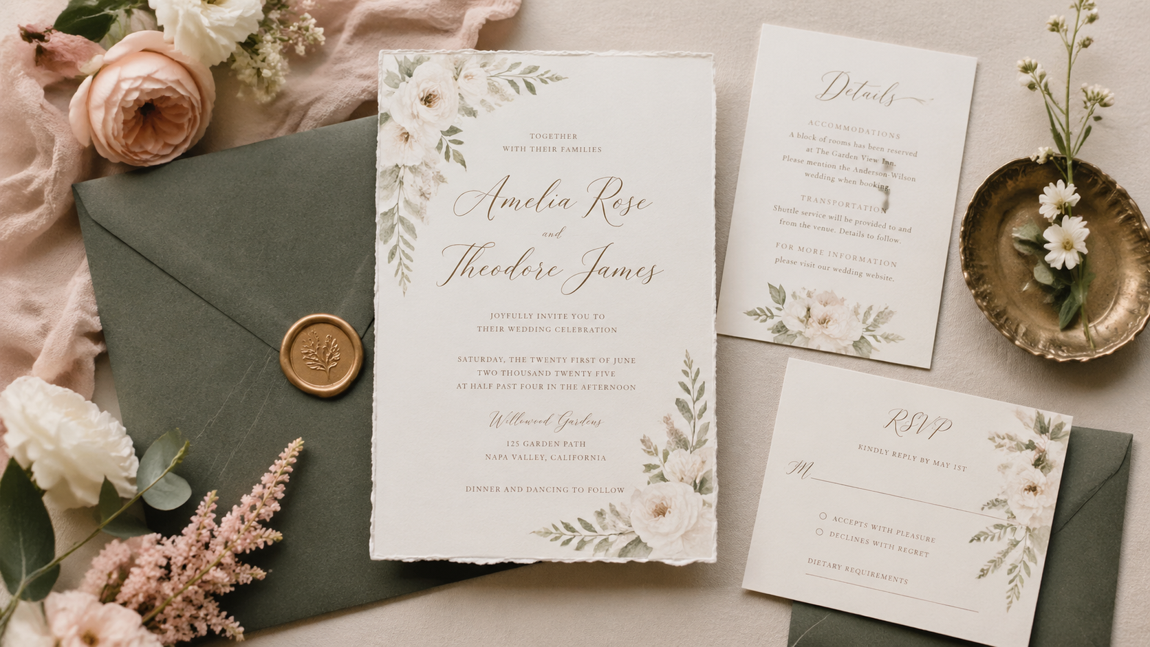 Elegant wedding invitation suites with personalized typography