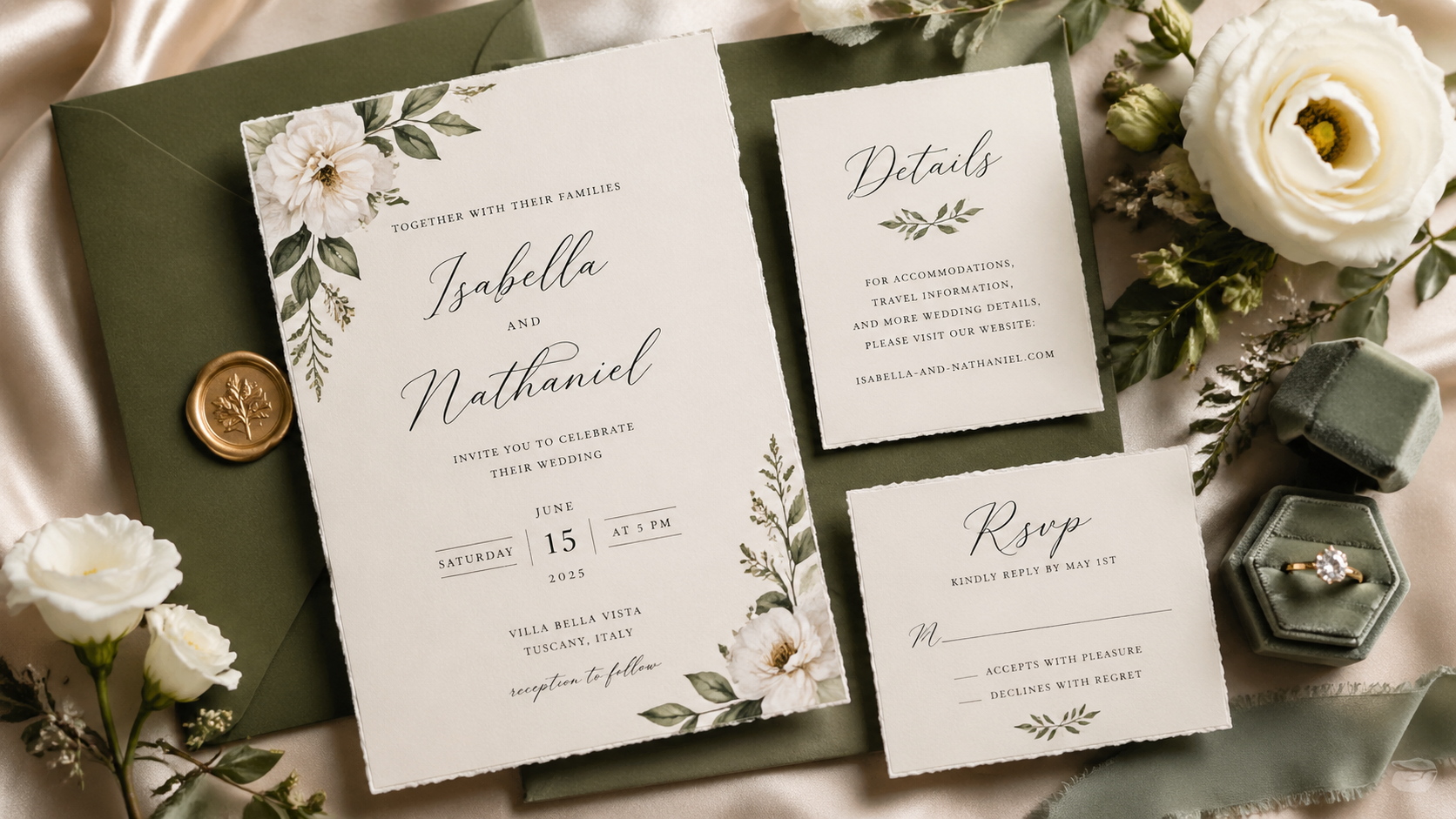 Close-up or alternate layout for elegant wedding invitation suites with personalized typography