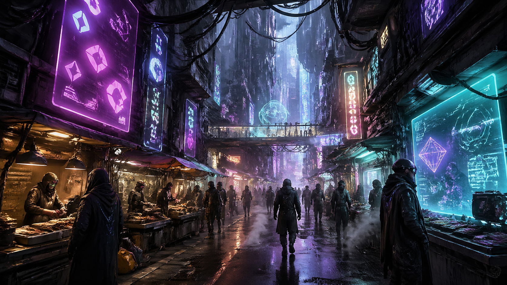Futuristic market alley in a cyberpunk city