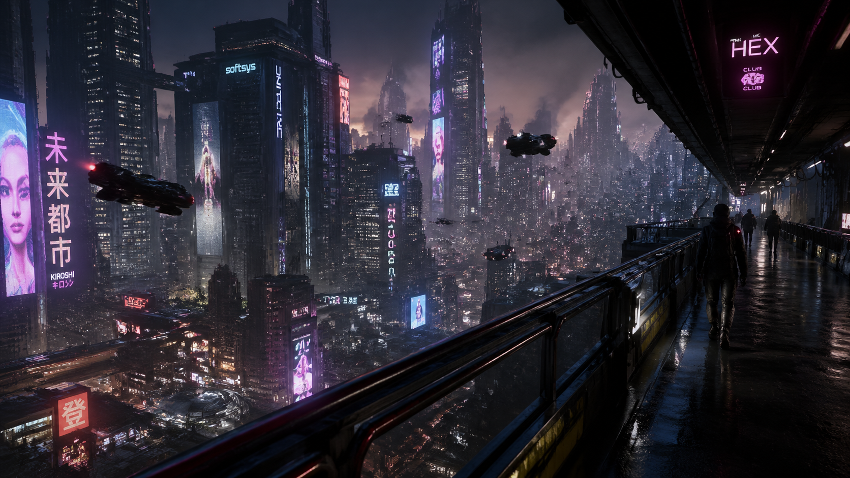 Skybridge view over a cyberpunk megacity