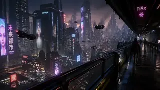 Skybridge view over a cyberpunk megacity