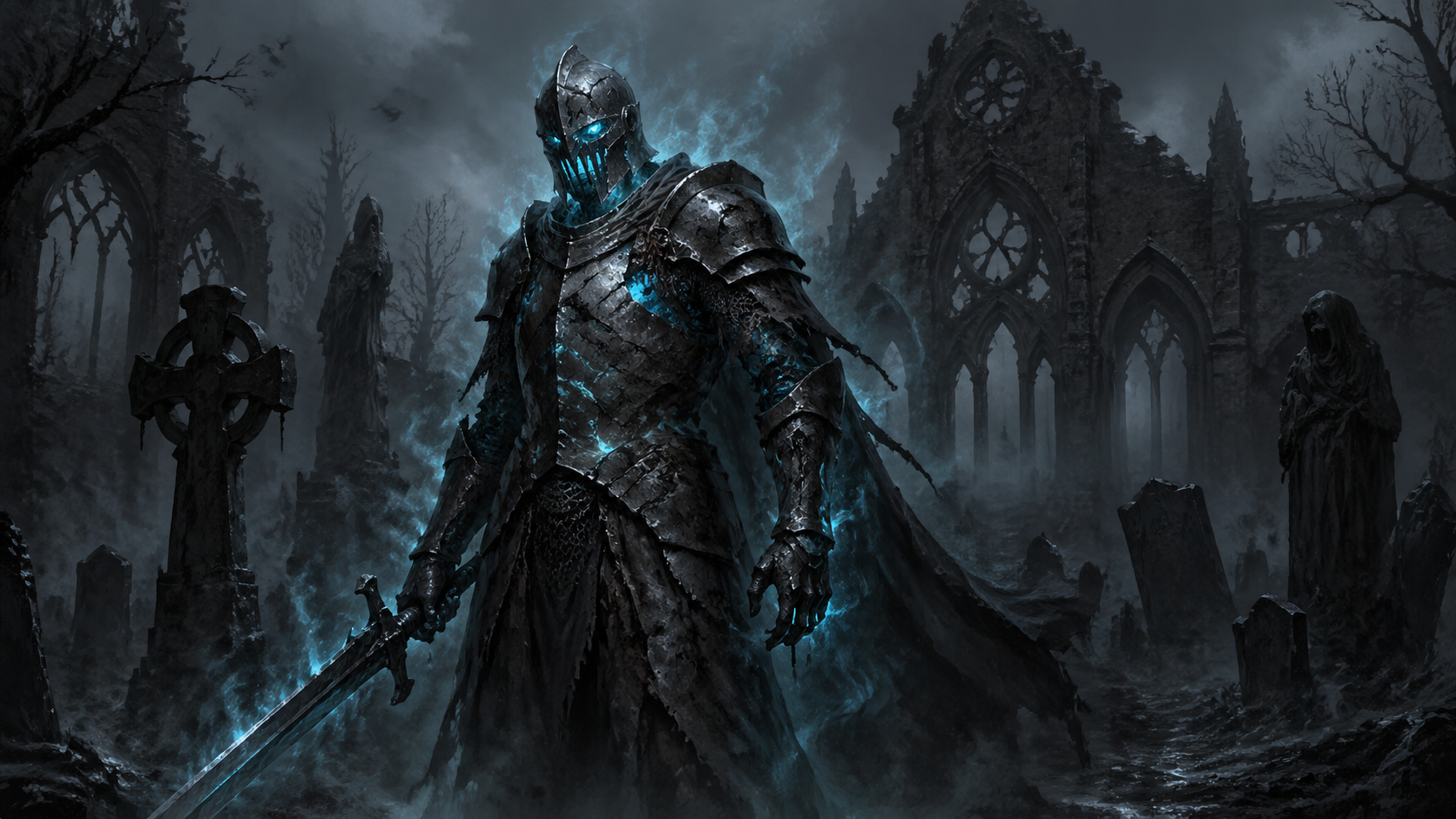 Cursed knight standing in a foggy graveyard