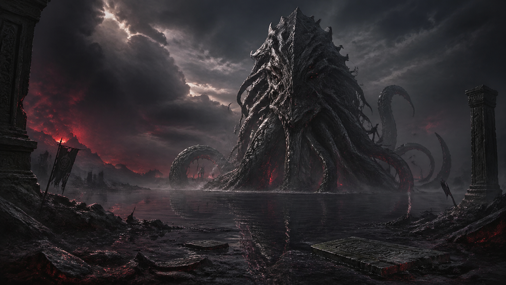 Ancient monster emerging from a black lake