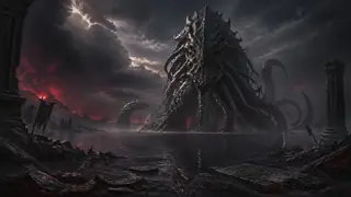 Ancient monster emerging from a black lake