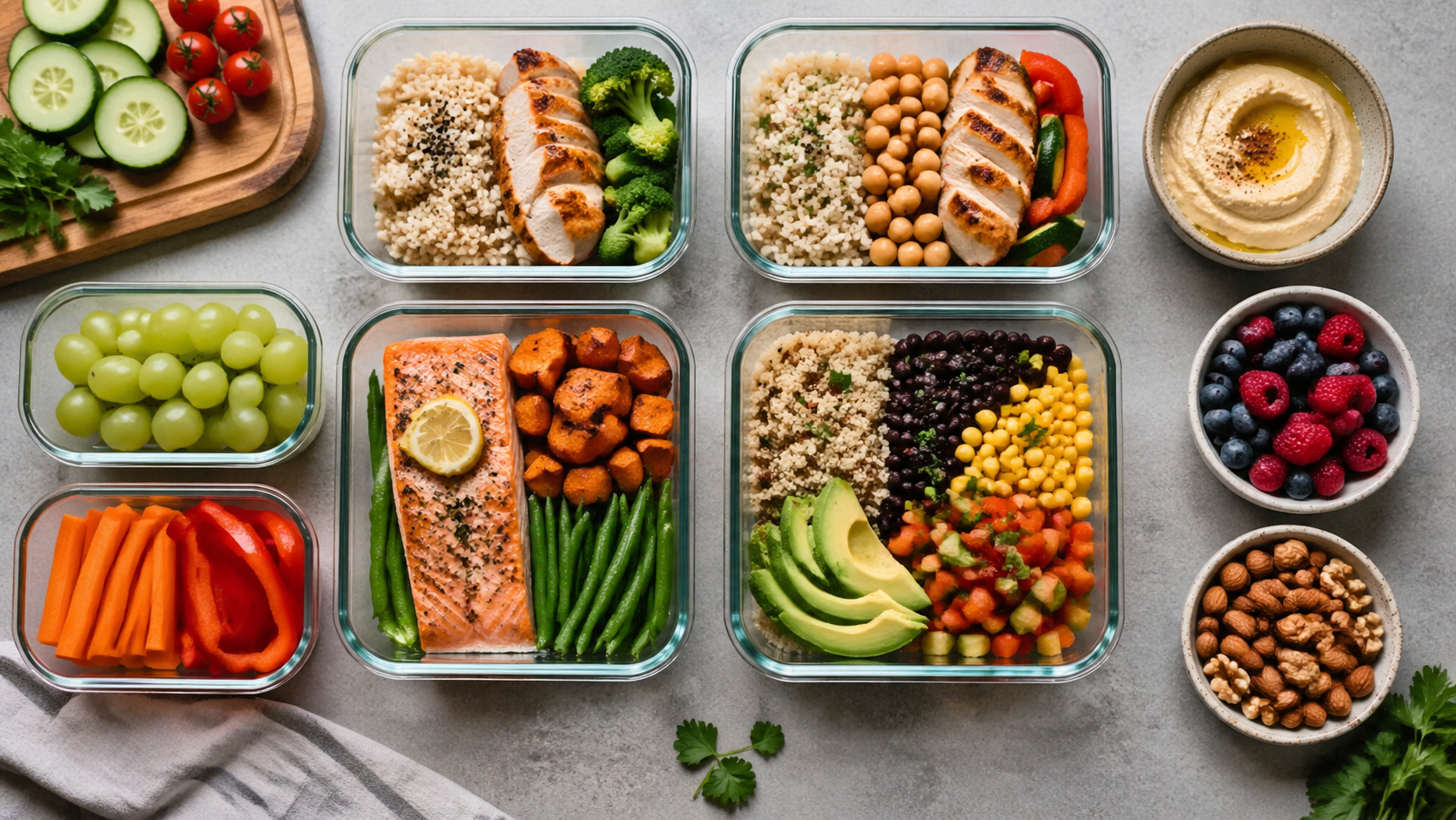 Healthy meal prep visuals with organized containers