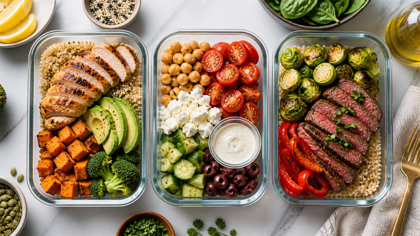 Close-up or alternate layout for healthy meal prep visuals with organized containers