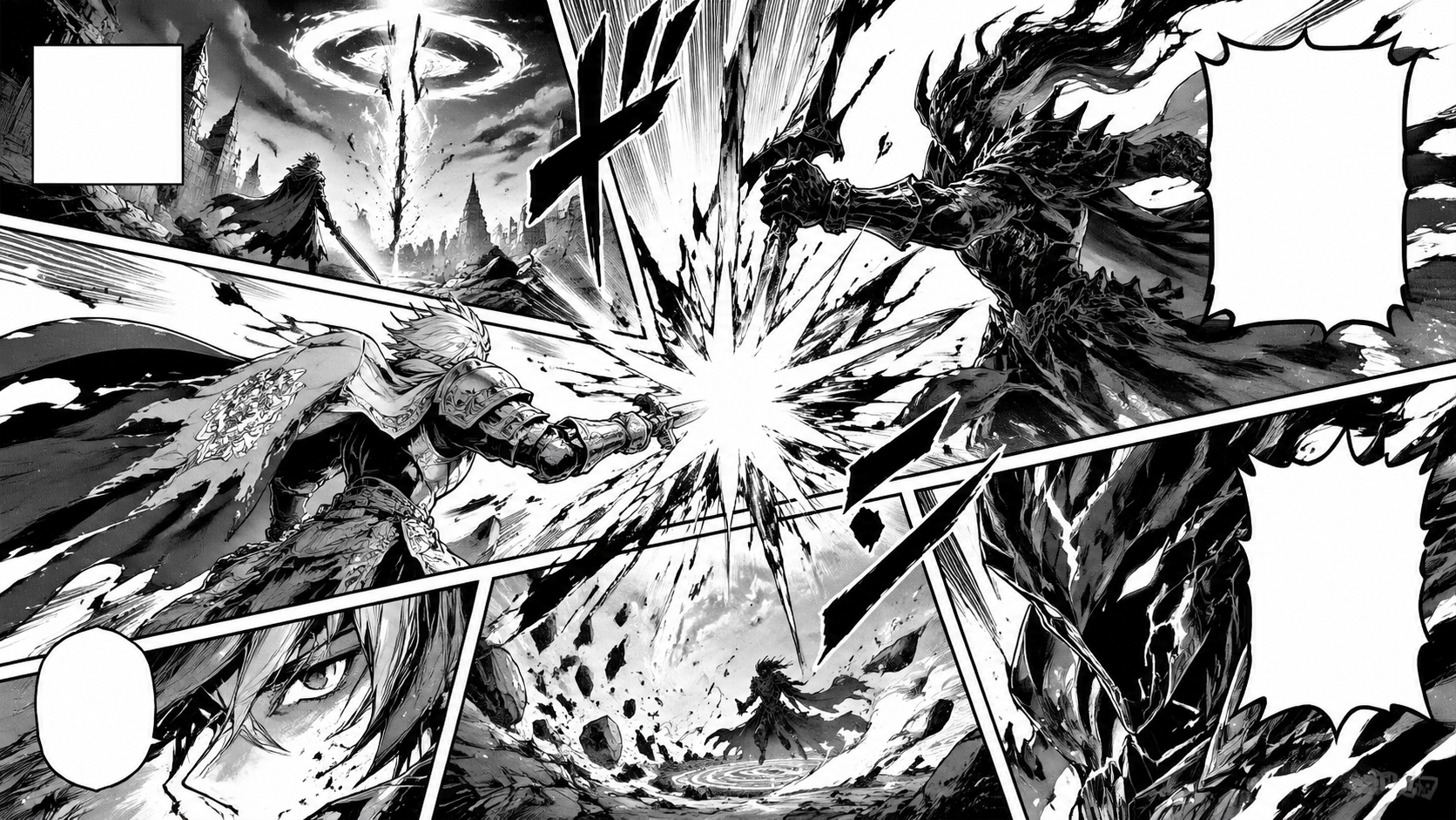 Fantasy battle manga panel layout