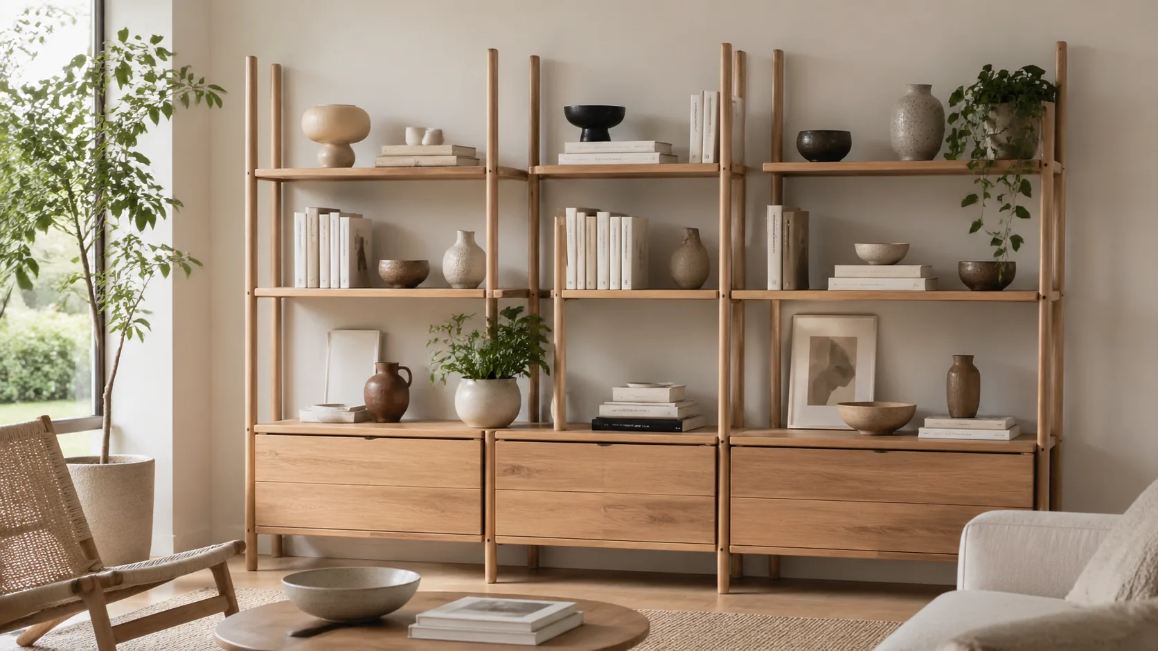 Create a modular wooden shelving furniture mockup