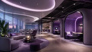 Create a futuristic hybrid office lounge concept