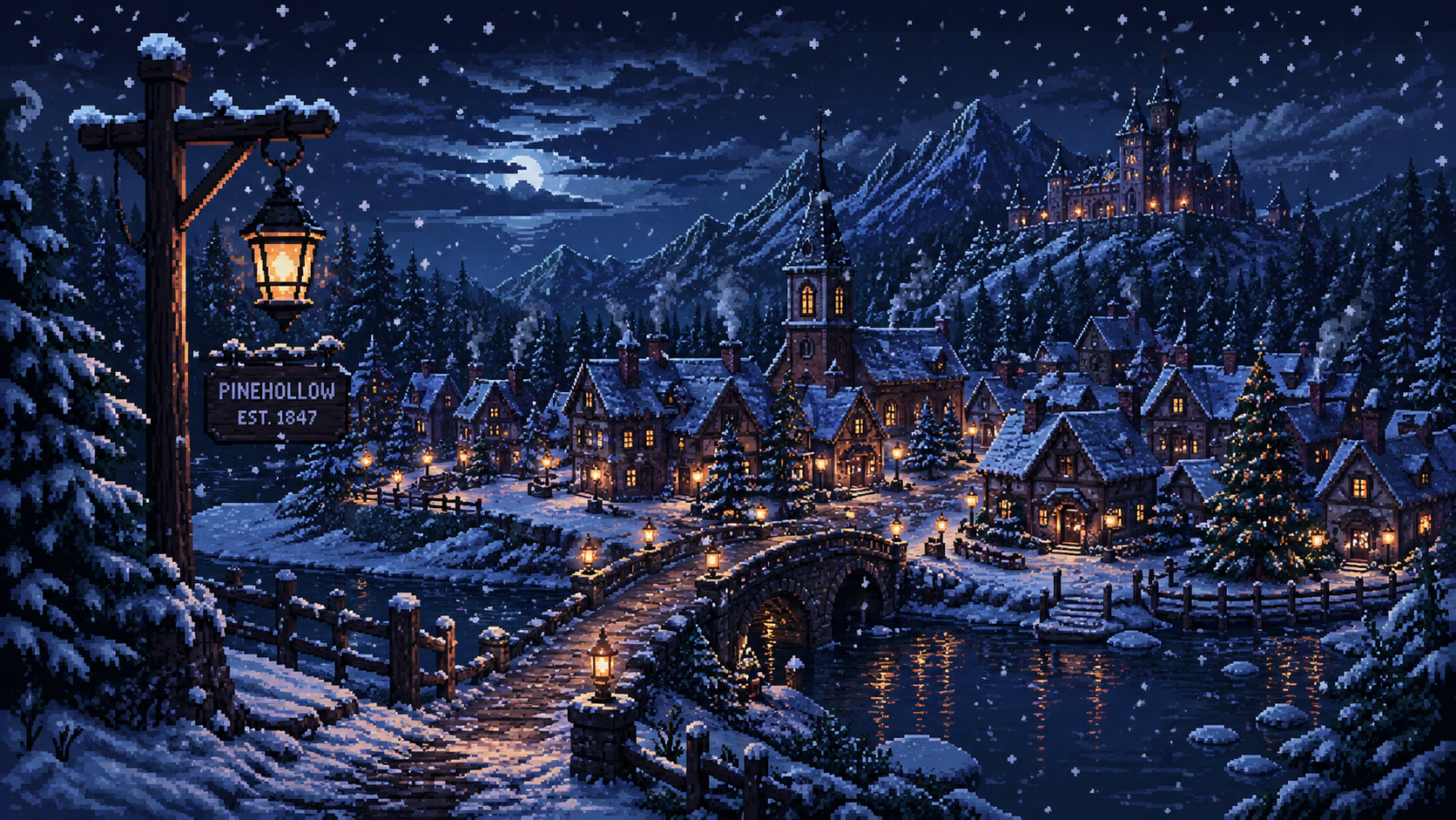 Pixel art snowy village