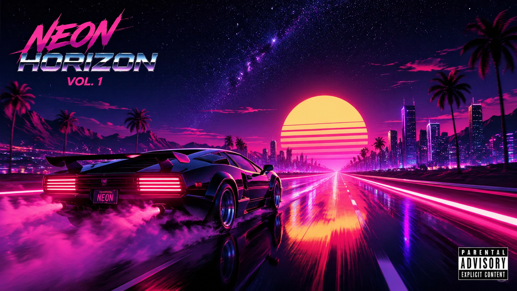 Synthwave sports car speeding toward a neon horizon