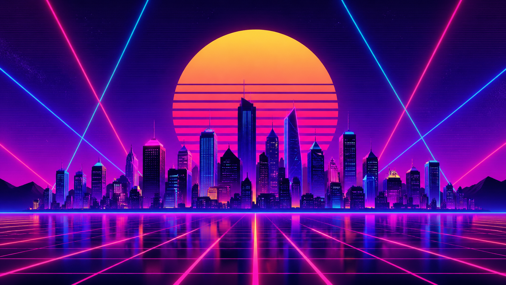 80s arcade-inspired synthwave city skyline
