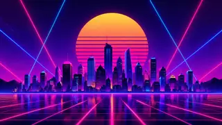 80s arcade-inspired synthwave city skyline