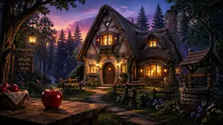 Snow White-inspired cozy forest cottage at twilight with glowing windows