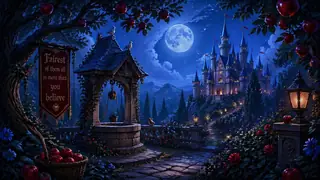 Snow White-inspired moonlit castle garden with red apples and storybook lighting