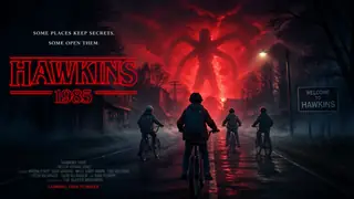 Retro supernatural small-town poster scene with portal light and bicycles