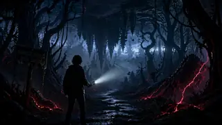 Dark mirror-world forest path with red lightning and flashlight silhouette